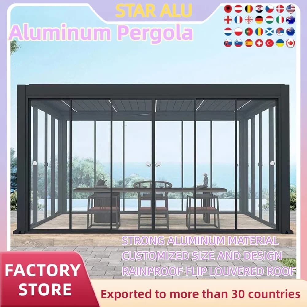 Pergola bioclimatique en aluminium, verre coulissant, étanche, forte capacité de transport de neige,