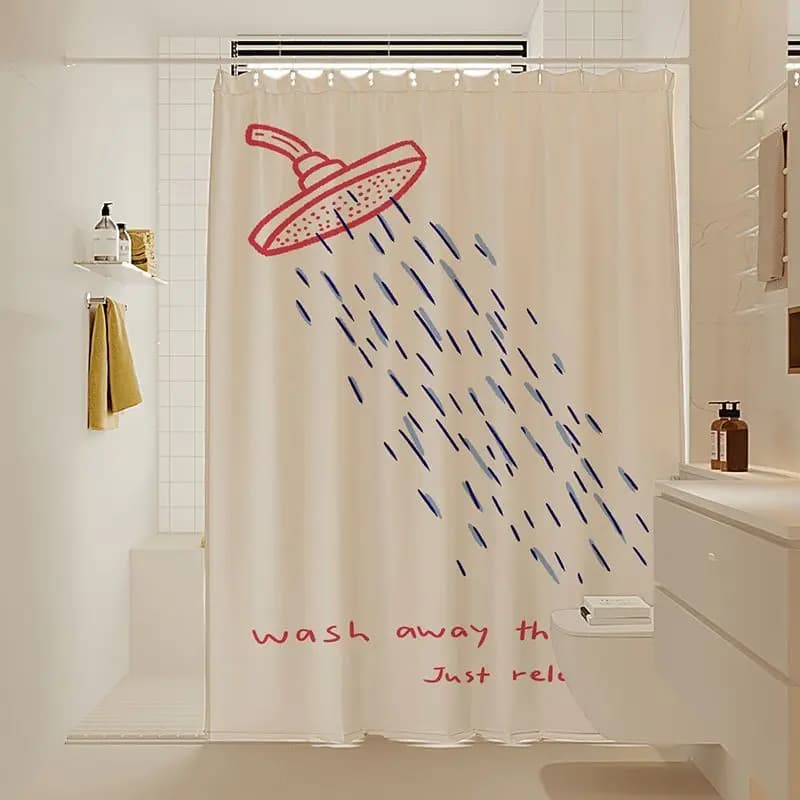 Rideau de douche mignon avec motif de gouttes de pluie dessinées à la main, idéal pour chanter sous 