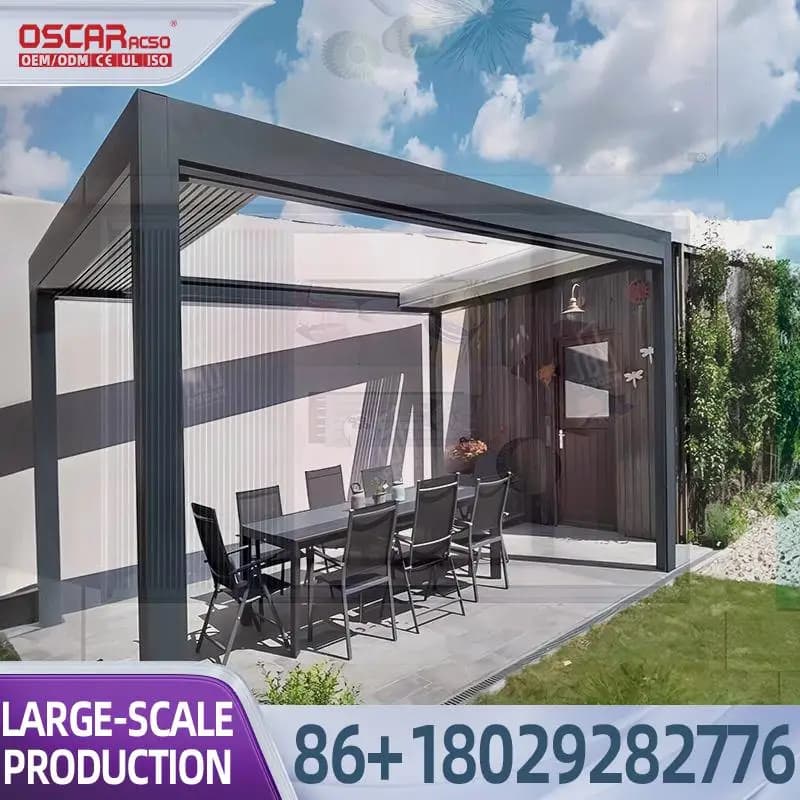 Structure bioclimatique motorisée de haute qualité pour terrasse et balcon, avec lames revêtues, per