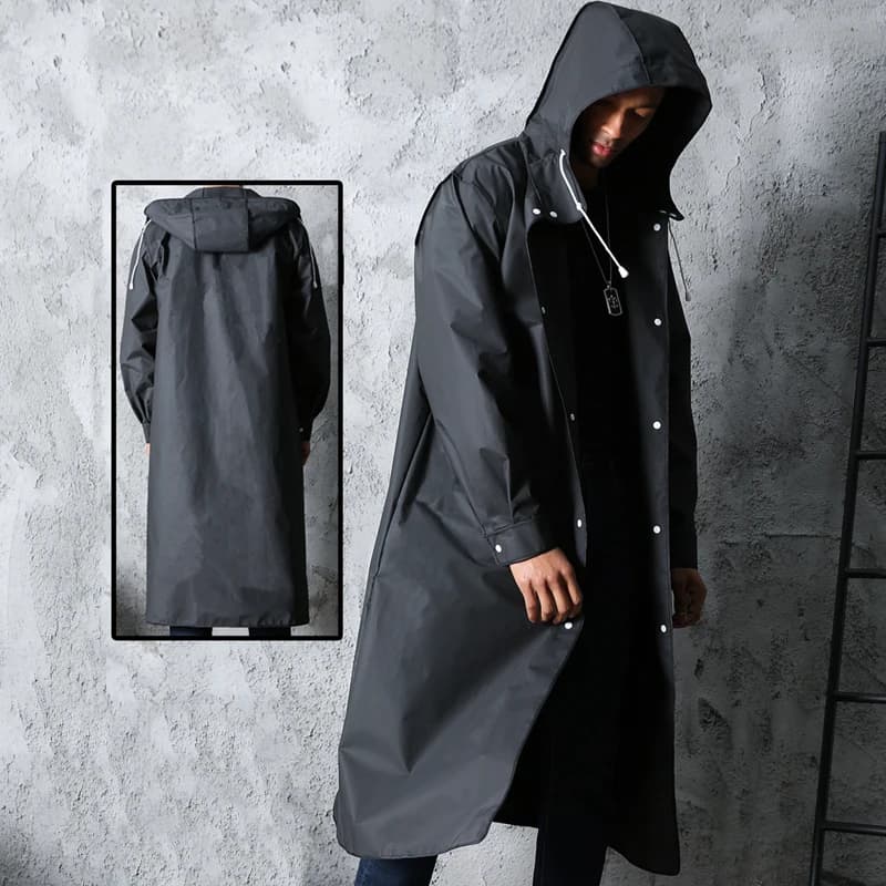 Imperméable long et noir à capuche à la mode pour femme ou homme adulte,manteau de pluie épais et résistant à l'eau pour l’extérieur, la randonnée, la pêche, l'escalade et les voyages