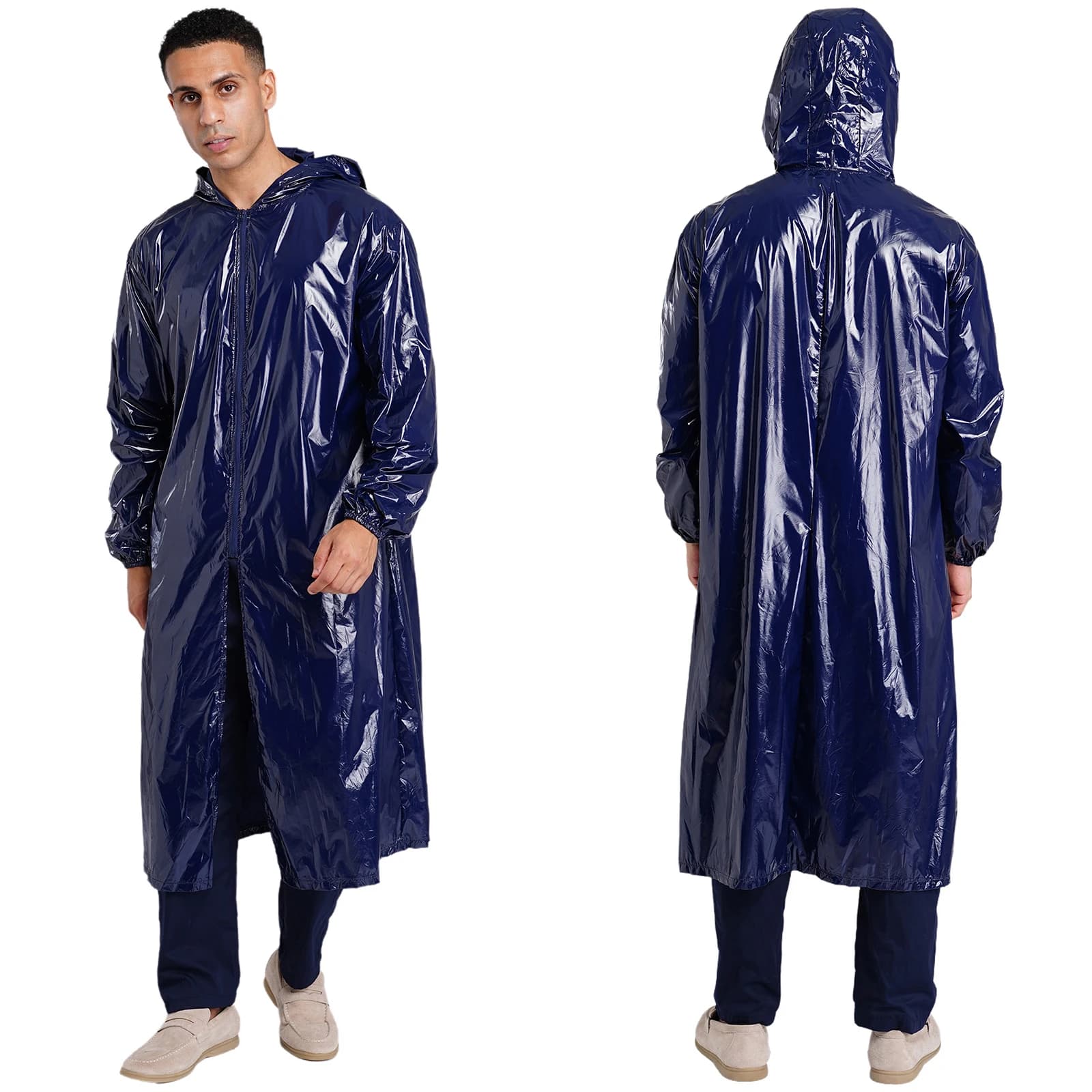 Veste longue imperméable à capuche pour homme, manches longues, fermeture éclair sur le devant, imperméable léger, vêtements de travail, poncho, manteau pour la randonnée, les jours de pluie, le trava