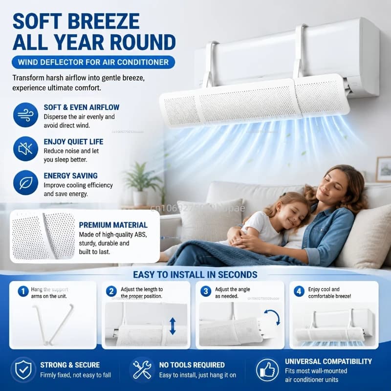 Déflecteur de climatisation anti-courant d'air direct, extensible et réglable, avec guide de vent et protection anti-poussière pour sortie d'air