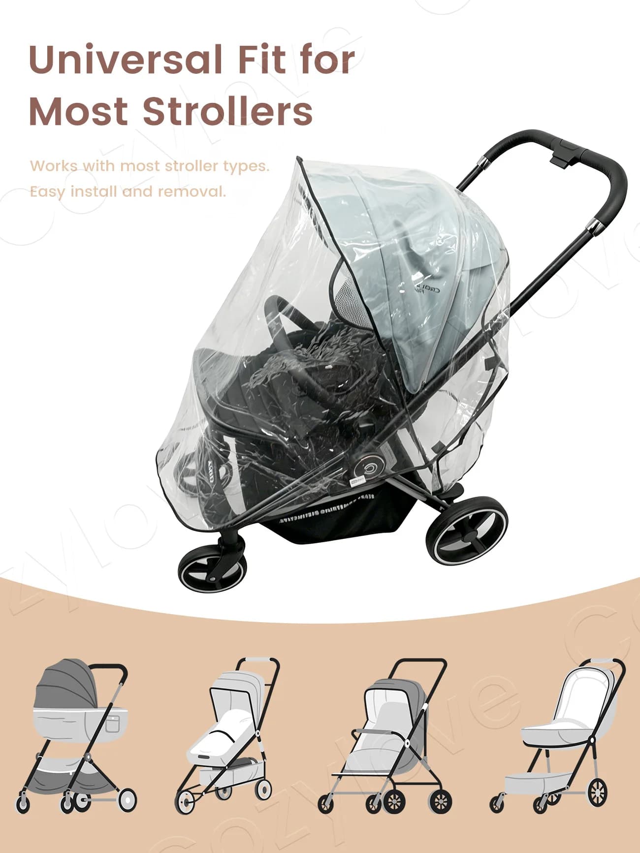 Housse de pluie universelle pour poussette |   Pare-soleil transparent imperméable et coupe-vent pour poussette avec fenêtre en maille ventilée