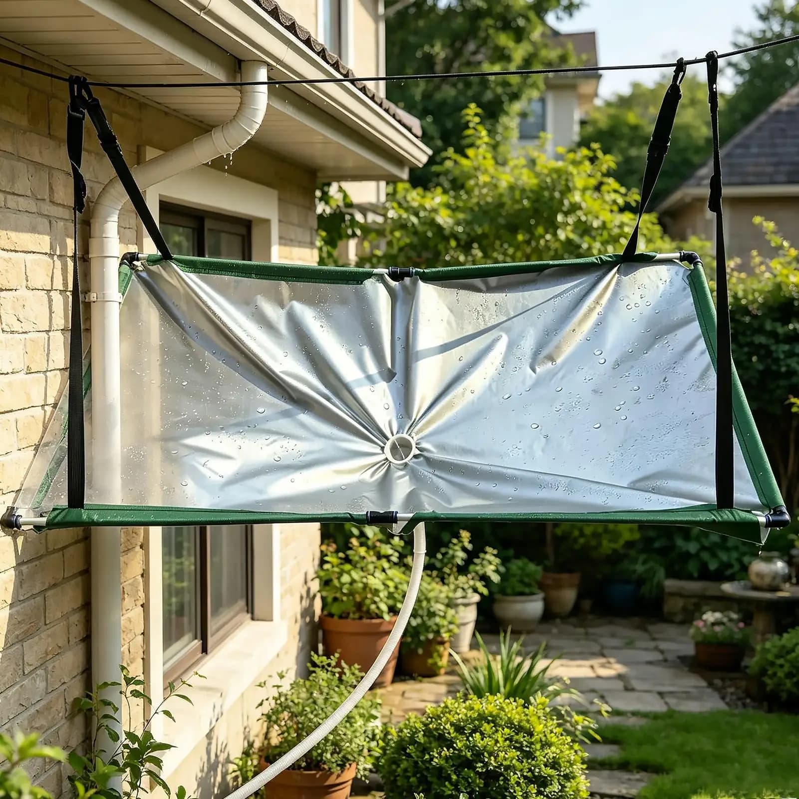 Collecteur d'eau de pluie extérieur suspendu avec tuyau d'arrosage de 1 m, tapis de récupération d'eau pour jardin, pelouse et cour arrière