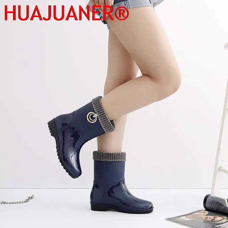 Bottes de pluie en caoutchouc pour femmes, imperméables, à talons hauts, à la mode, en PVC, courtes chevilles, antidérapantes, en fourrure et cuir