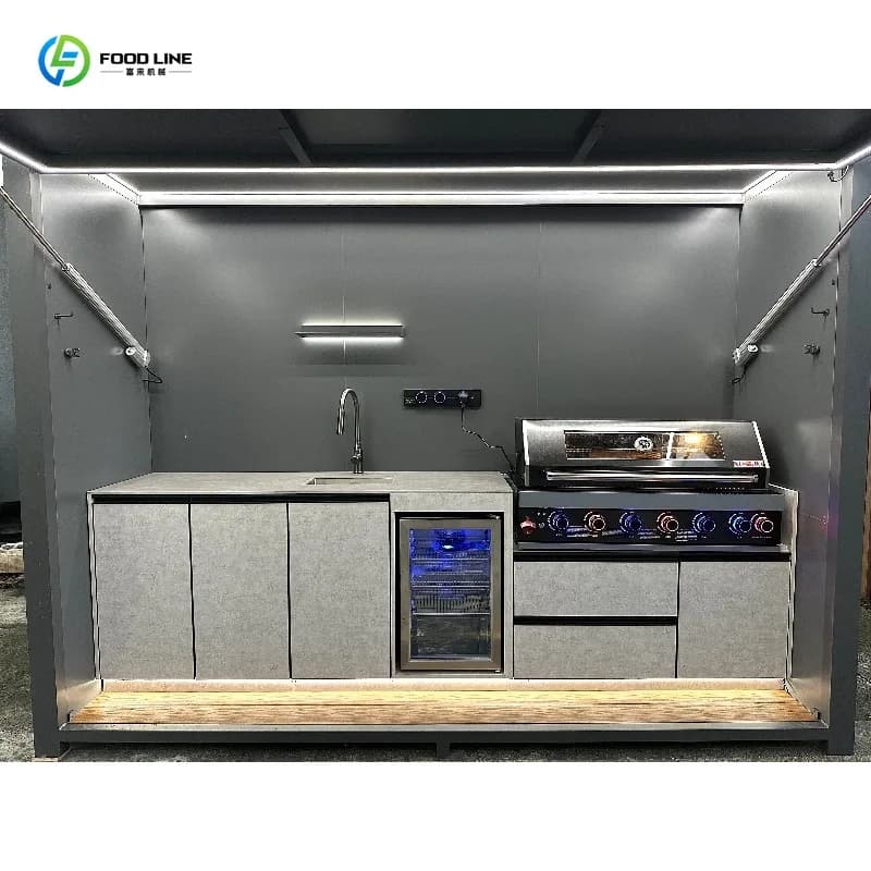 Barbecue extérieur personnalisable et résistant au vent, style terrasse, avec glacière et évier, pour la cuisine en plein air dans le jardin ou sur la terrasse.
