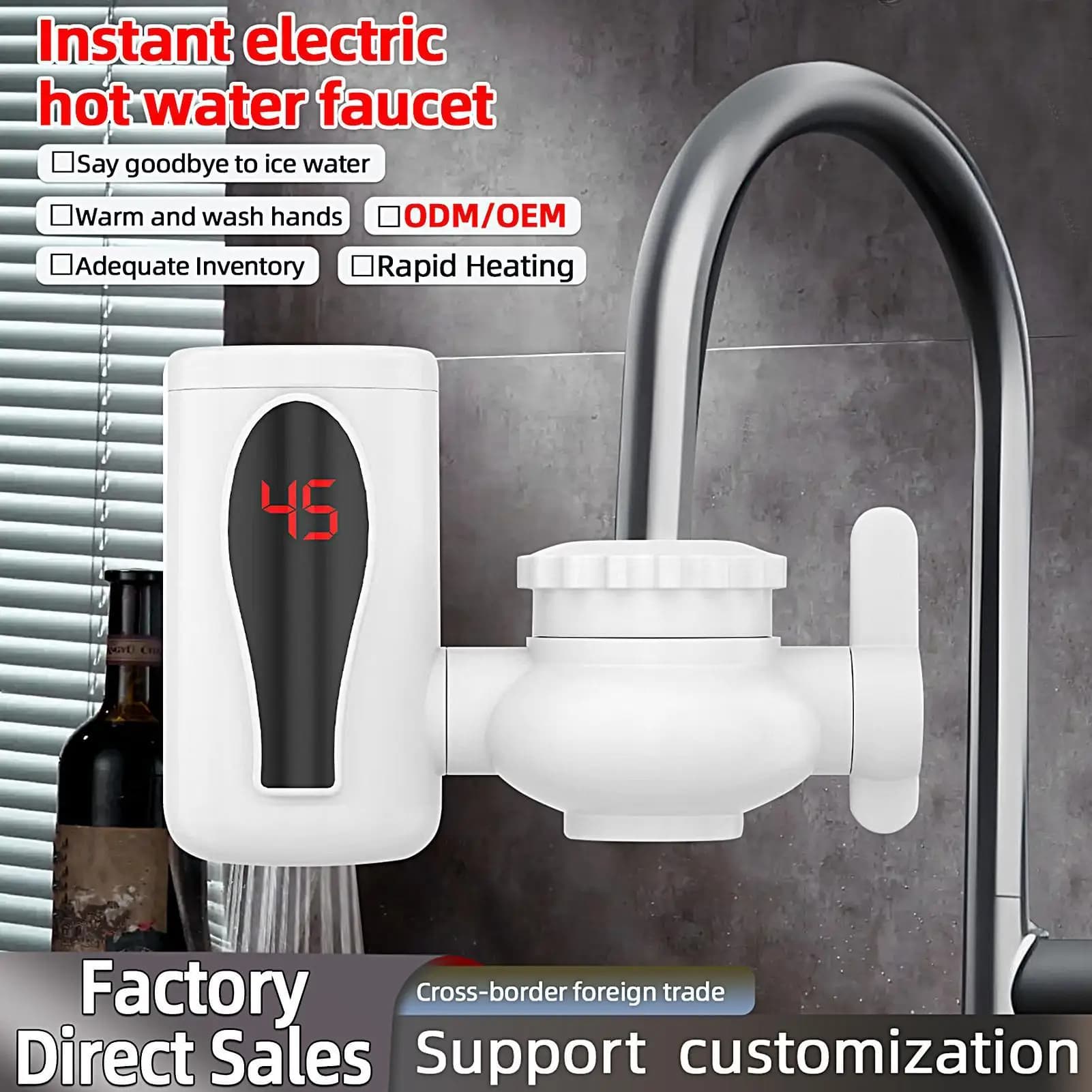 Robinet d'eau chaude instantanée sans réservoir avec affichage numérique LED rotatif pour lavage des mains, salle de bain, cuisine, salle de pause