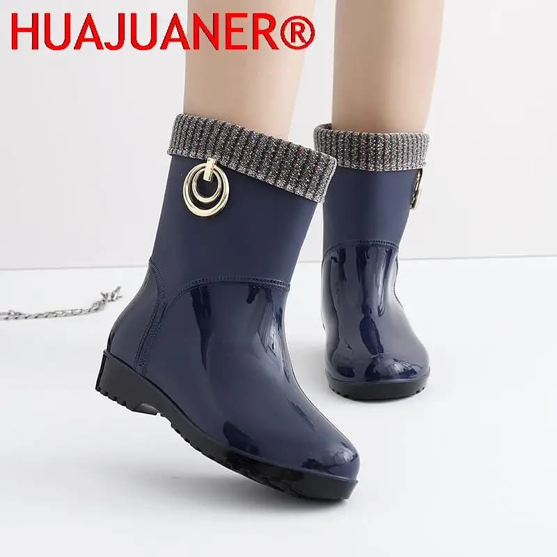 Bottes de pluie en caoutchouc pour femmes, imperméables, à talons hauts, à la mode, en PVC, courtes chevilles, antidérapantes, en fourrure et cuir