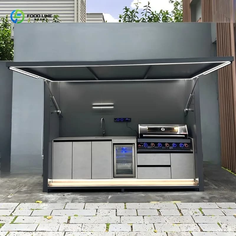 Barbecue extérieur personnalisable et résistant au vent, style terrasse, avec glacière et évier, pour la cuisine en plein air dans le jardin ou sur la terrasse.
