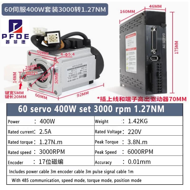 2025 offres spéciales servomoteur 400w 1.27Nm AC servomoteur 3000 tr/min Kit d'entraînement Support 5V 24V Signal d'impulsion RS485 MODBUS câble blindé
