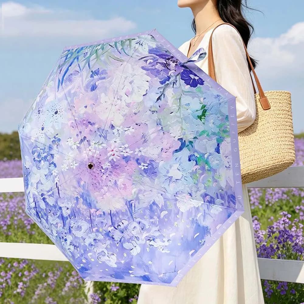 Parasol pliant doré à poignée courbée