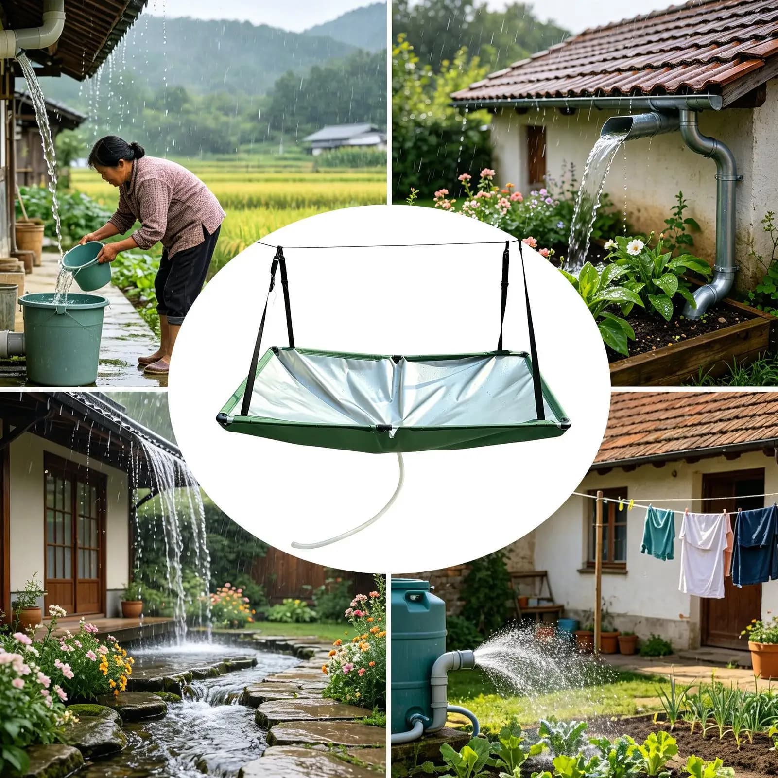 Collecteur d'eau de pluie extérieur suspendu avec tuyau d'arrosage de 1 m, tapis de récupération d'eau pour jardin, pelouse et cour arrière
