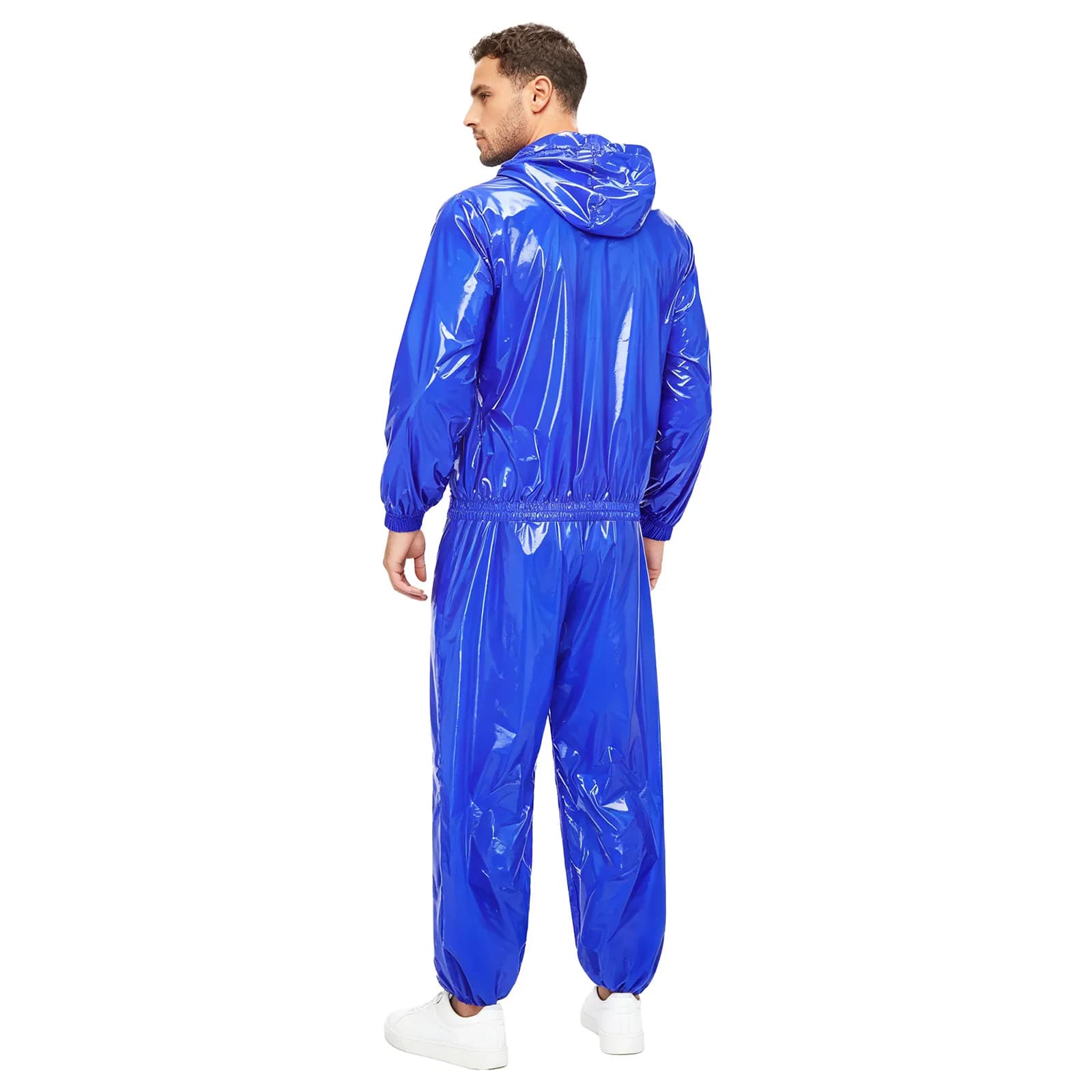 Ensemble de pluie imperméable pour homme avec veste coupe-vent à capuche et cordon de serrage, fermeture éclair frontale, et pantalon de survêtement pour la randonnée et l'entraînement