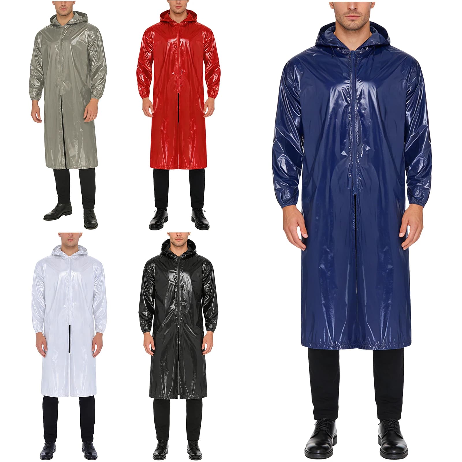 Veste longue imperméable à capuche pour homme, manches longues, fermeture éclair sur le devant, imperméable léger, vêtements de travail, poncho, manteau pour la randonnée, les jours de pluie, le trava