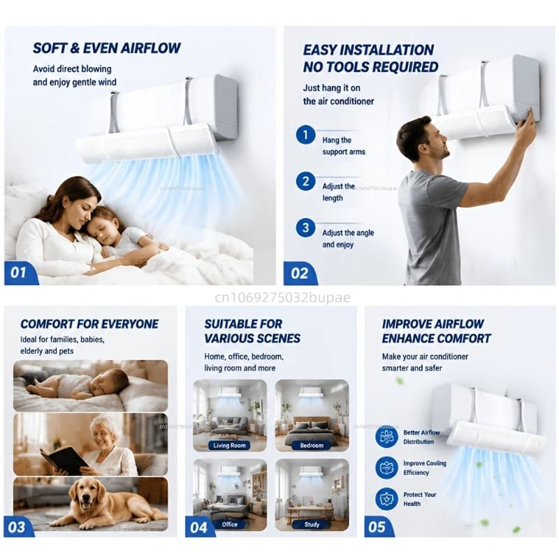 Déflecteur de climatisation anti-courant d'air direct, extensible et réglable, avec guide de vent et protection anti-poussière pour sortie d'air