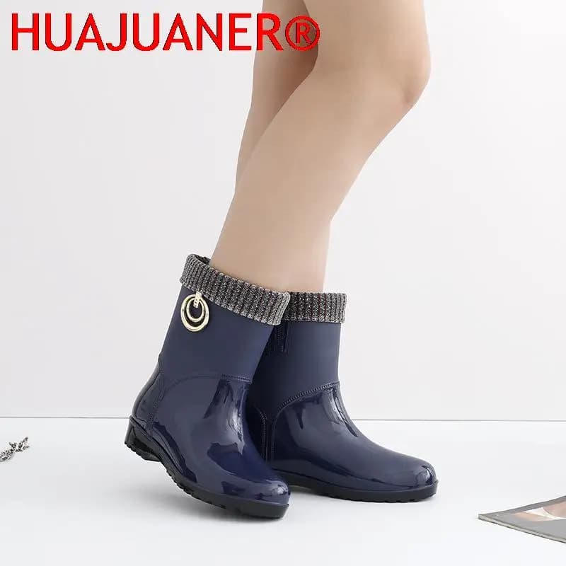 Bottes de pluie en caoutchouc pour femmes, imperméables, à talons hauts, à la mode, en PVC, courtes chevilles, antidérapantes, en fourrure et cuir