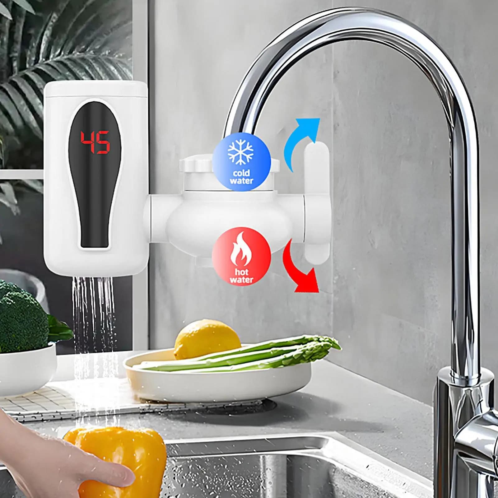 Robinet d'eau chaude instantanée sans réservoir avec affichage numérique LED rotatif pour lavage des mains, salle de bain, cuisine, salle de pause
