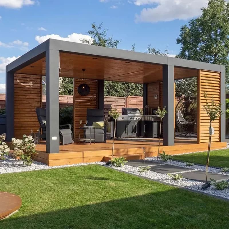 Pergola de cuisine extérieure en aluminium et bois | Gazebo BBQ avec écrans à lamelles pour jardin