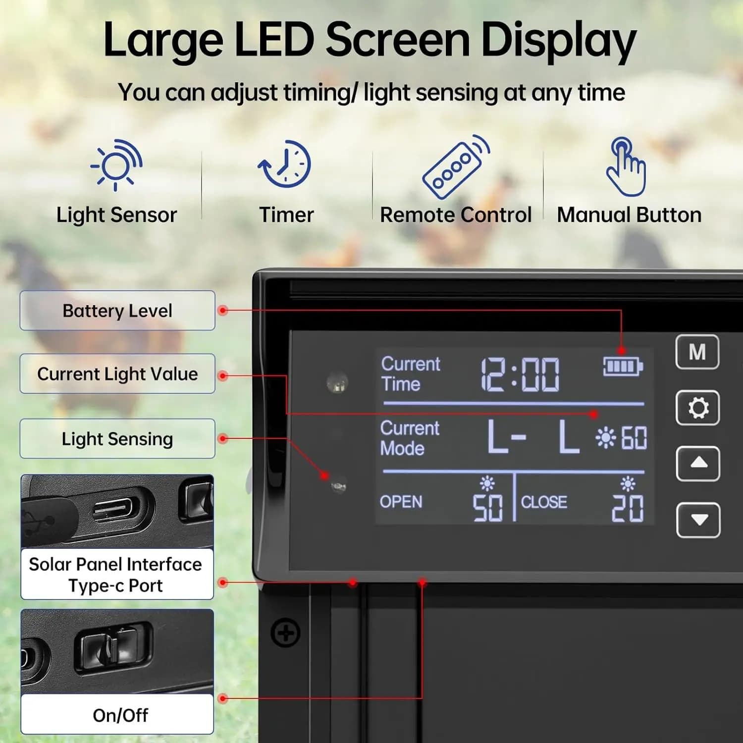Porte de poulailler solaire, porte de poulet automatique à énergie solaire et chargement USB, porte de poulet automatique 4 Modes avec minuterie et capteur lumineux