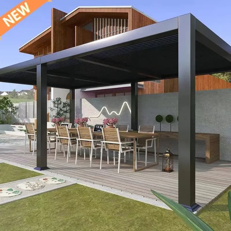 Pergola motorisée en aluminium tonnelle bioclimatique lumières LED toit à persiennes portes coulissantes en verre Patio