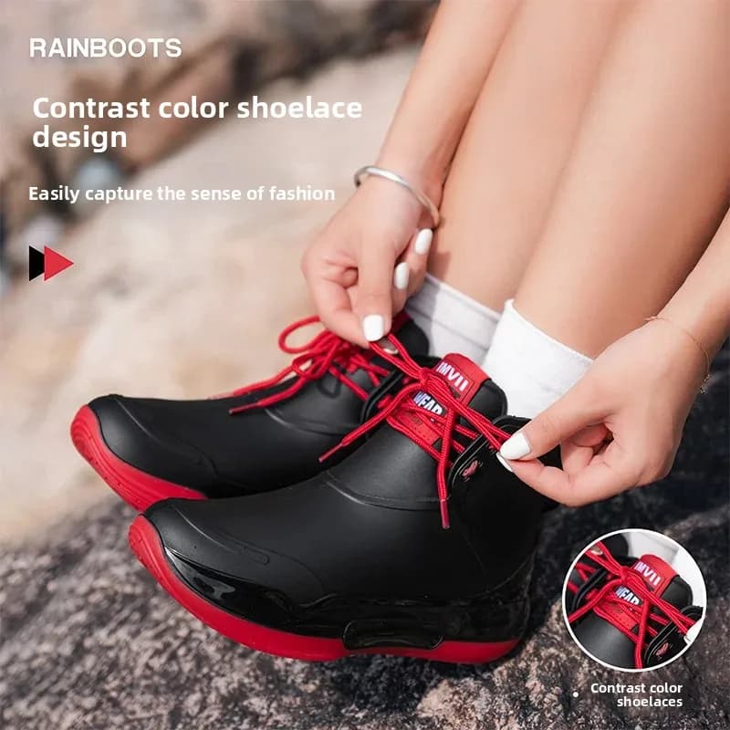 Bottes de pluie imperméables et antidérapantes pour femmes, chaussures de pluie portables pour l'extérieur, Tube court à la mode, matériau PVC, talons bas, Zapatos