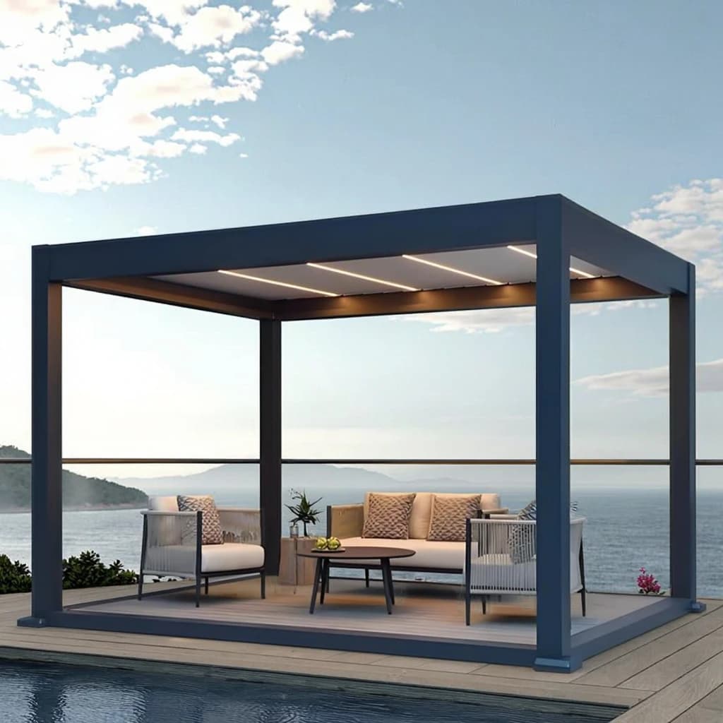 Pergola bioclimatique autoportante en aluminium de qualité supérieure avec toit à lames orientables et portes coulissantes en verre pour les loisirs en plein air