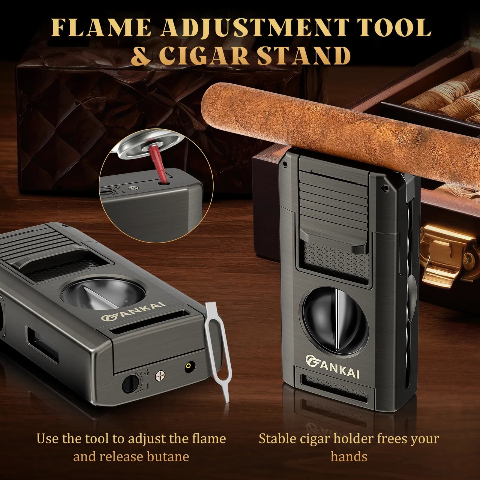 Allume-cigare, torche à cigare 5 en 1 avec coupe-cigare en V, poinçon, support, pique à cigare, briquet au butane à double flamme, cadeau