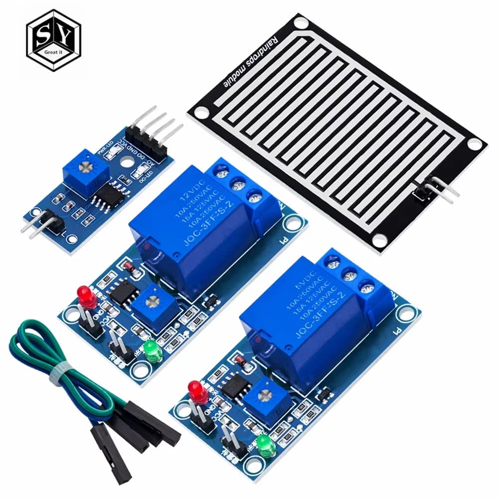1 ensemble de modules de capteur de pluie + module de contrôle de relais DC 5 V/12 V : kit de détection de gouttes de pluie – Compatible pour Arduino