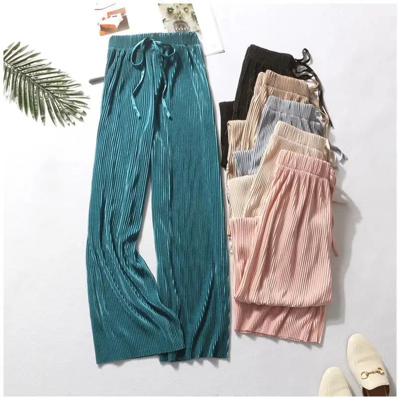 Pantalon plissé à jambes larges pour femmes, taille élastique, mode d'été, pantalon décontracté