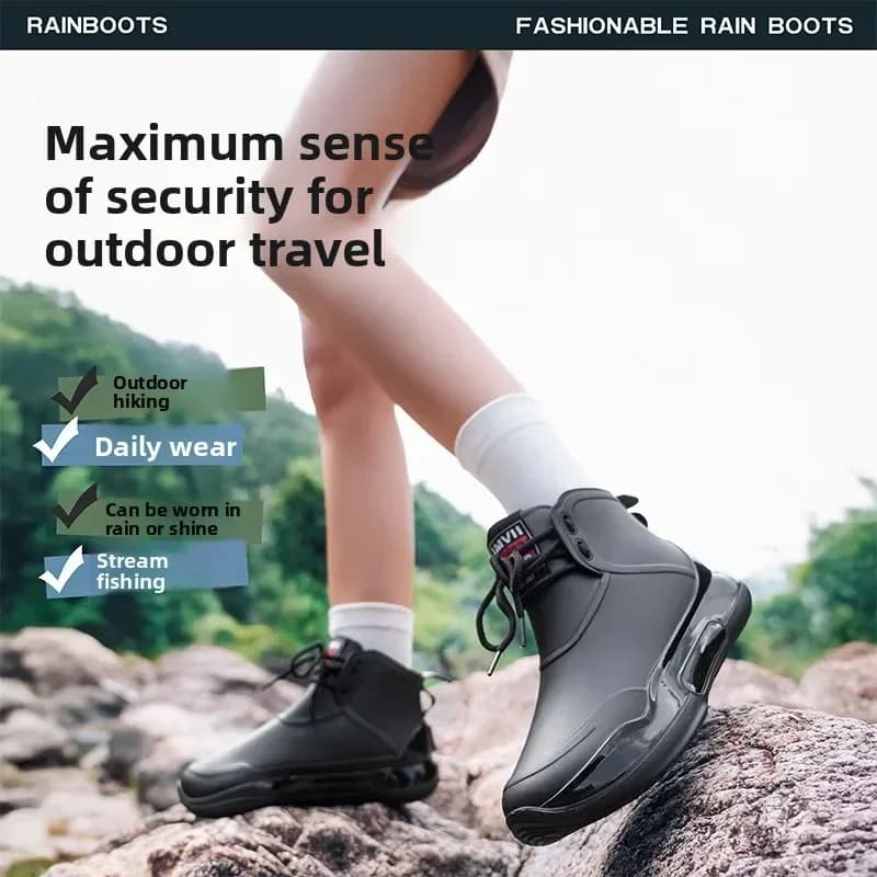 Bottes de pluie imperméables et antidérapantes pour femmes, chaussures de pluie portables pour l'extérieur, Tube court à la mode, matériau PVC, talons bas, Zapatos
