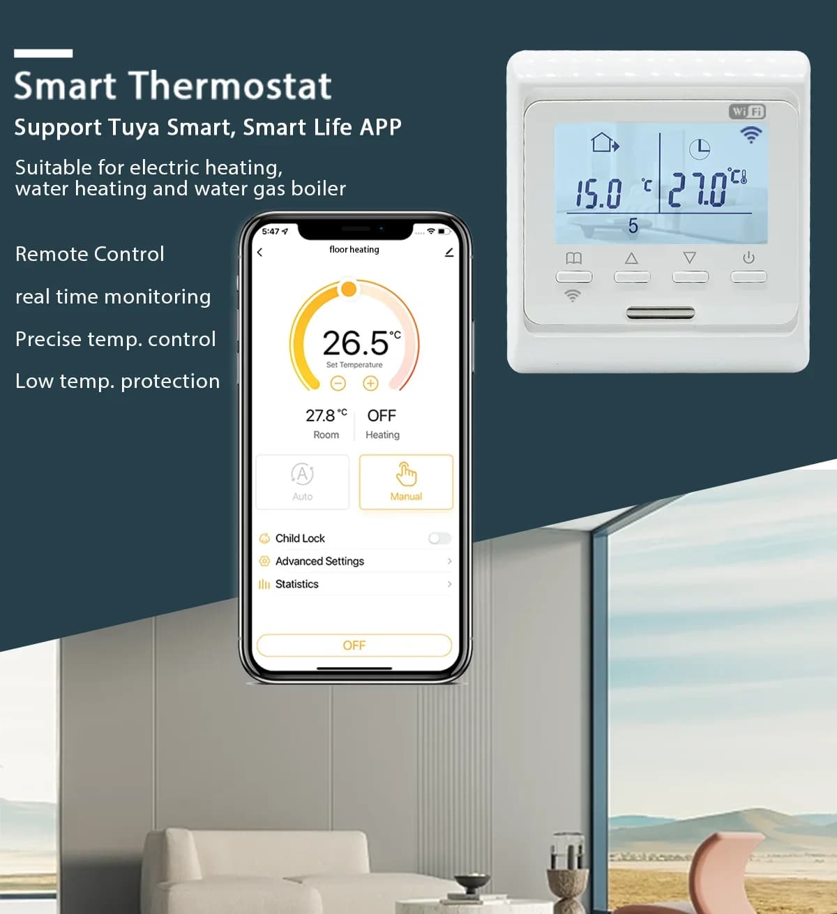 Thermostat de chauffage électrique par le sol WiFi 220V 16A programmable, contrôleur de température au sol, application de contrôle à distance