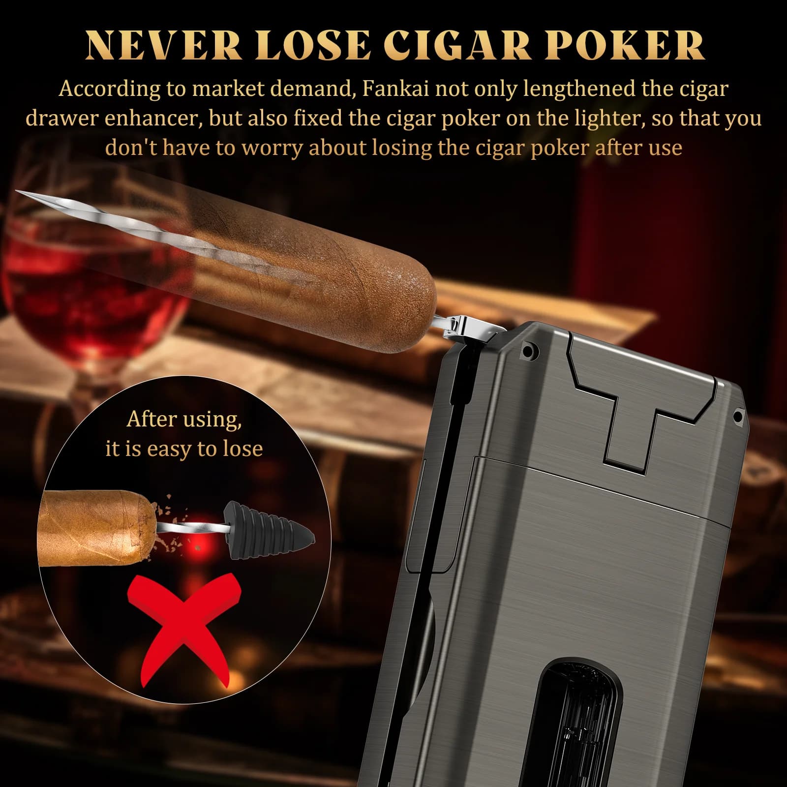 Allume-cigare, torche à cigare 5 en 1 avec coupe-cigare en V, poinçon, support, pique à cigare, briquet au butane à double flamme, cadeau