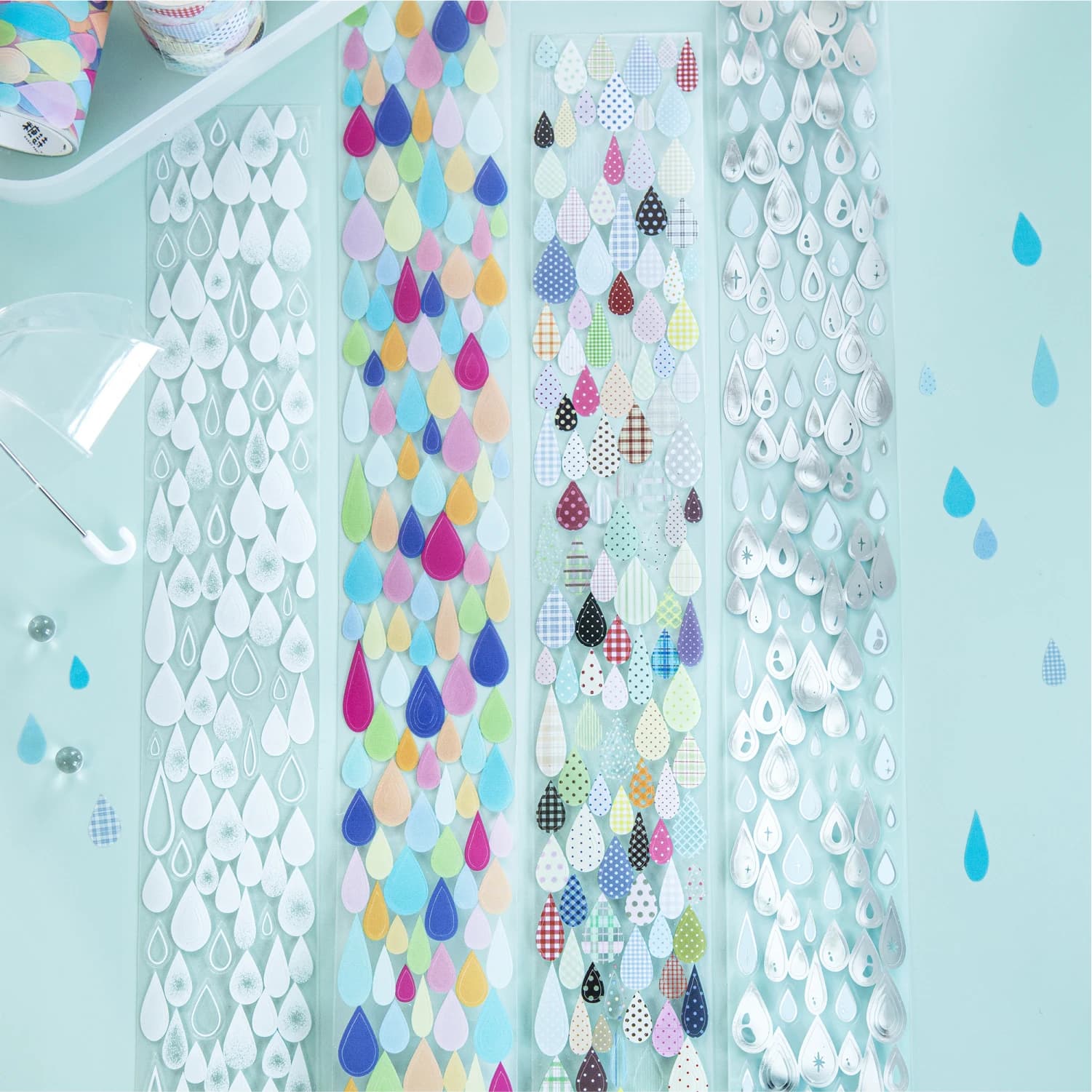 Ruban découpé 50mm x 2m, Série Saison Pluvieuse, motif goutte de pluie aux couleurs artistiques, pour DIY, scrapbooking et fournitures de journalisation esthétiques