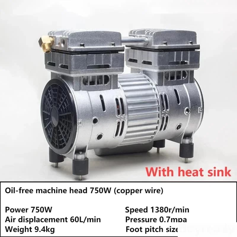 Tête de pompe à moteur sans huile silencieuse, accessoires de compresseur d'air, pompage avec dissipateur de chaleur, 220V, 750W, 60L/min, 0,7 MPa