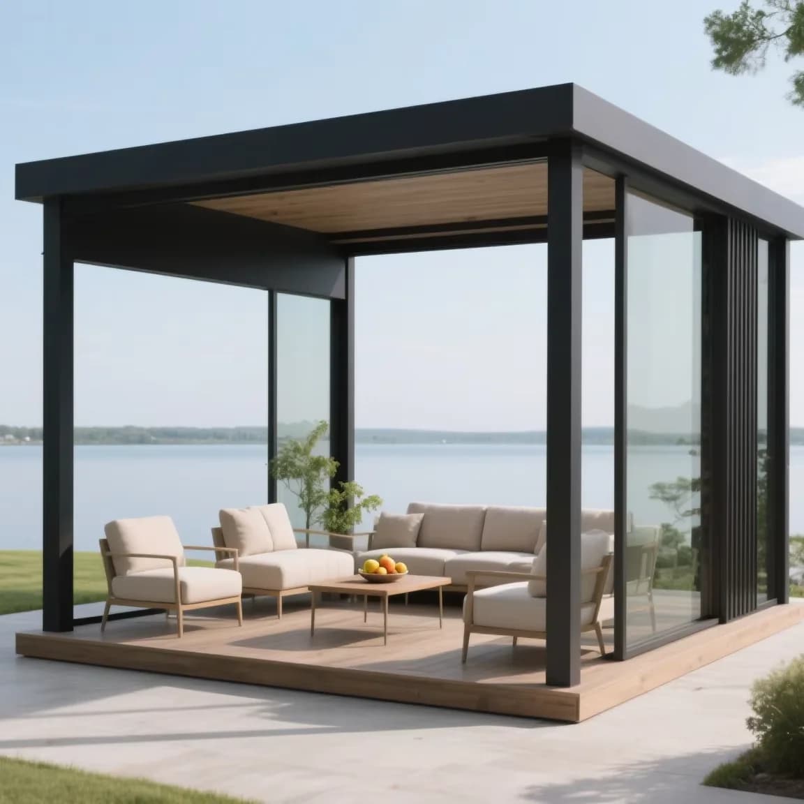 Pergola bioclimatique autoportante en aluminium de qualité supérieure avec toit à lames orientables et portes coulissantes en verre pour les loisirs en plein air