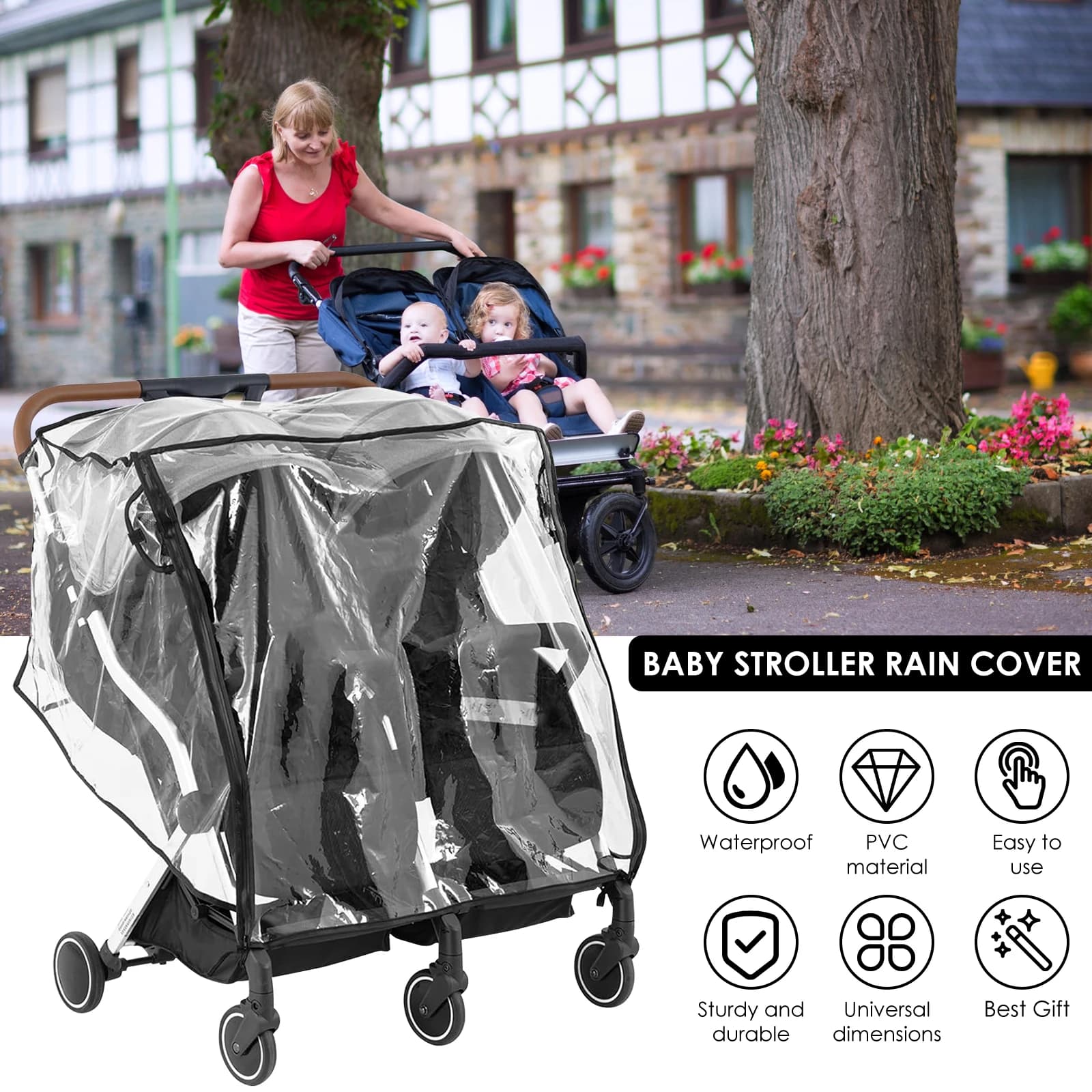 Juste de Pluie Universelle pour Poussette Simple et Double, Imperméable Transparent, Pare-Poussière, Accessoires d'Extérieur pour Bébé