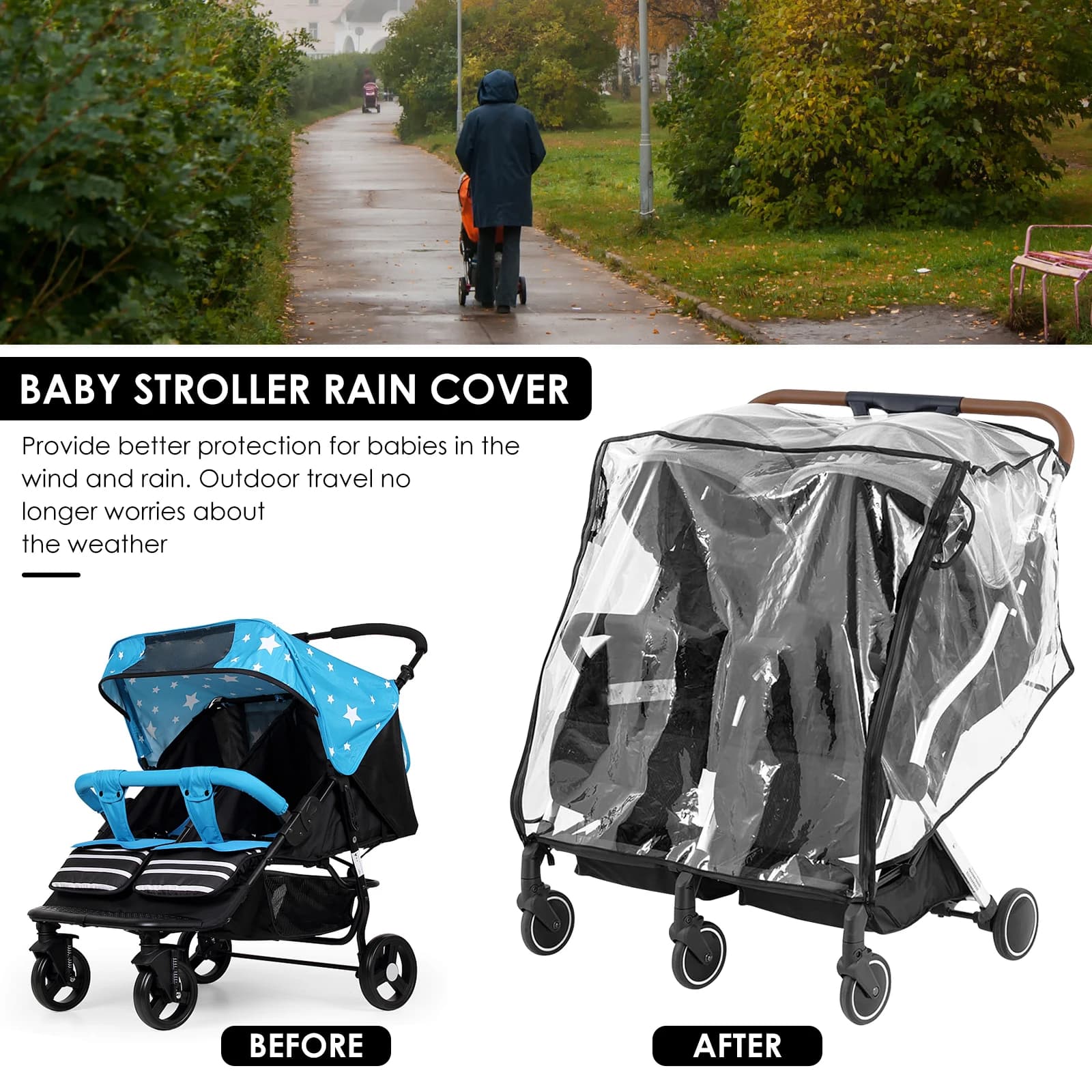 Juste de Pluie Universelle pour Poussette Simple et Double, Imperméable Transparent, Pare-Poussière, Accessoires d'Extérieur pour Bébé
