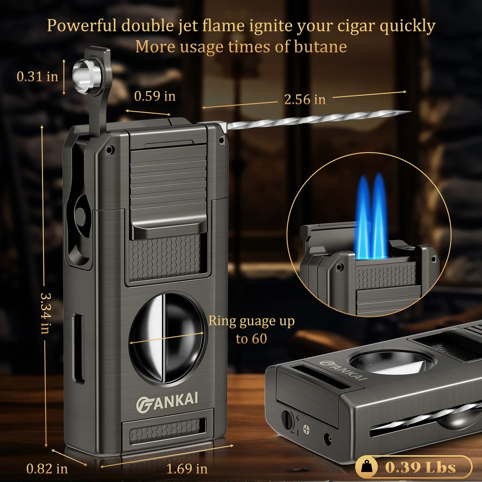 Allume-cigare, torche à cigare 5 en 1 avec coupe-cigare en V, poinçon, support, pique à cigare, briquet au butane à double flamme, cadeau