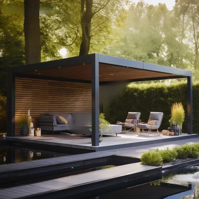 Pergola de cuisine extérieure en aluminium et bois | Gazebo BBQ avec écrans à lamelles pour jardin et terrasse