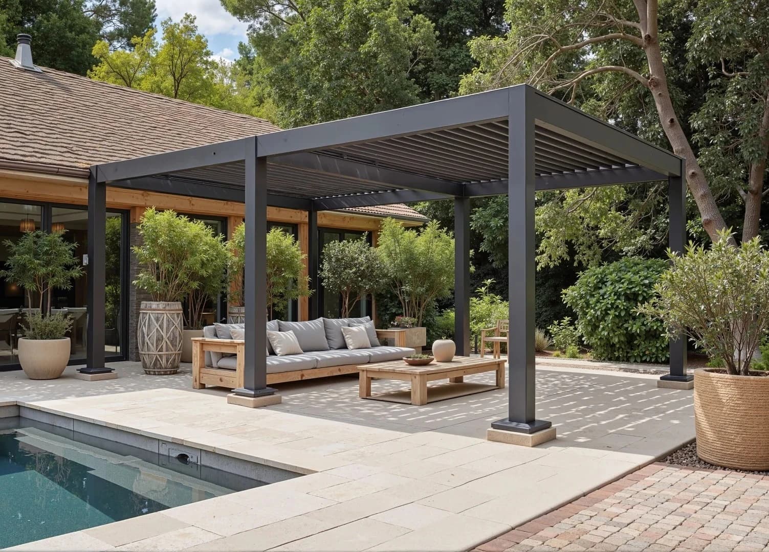 Pergola bioclimatique motorisée en aluminium avec toit à lames orientables