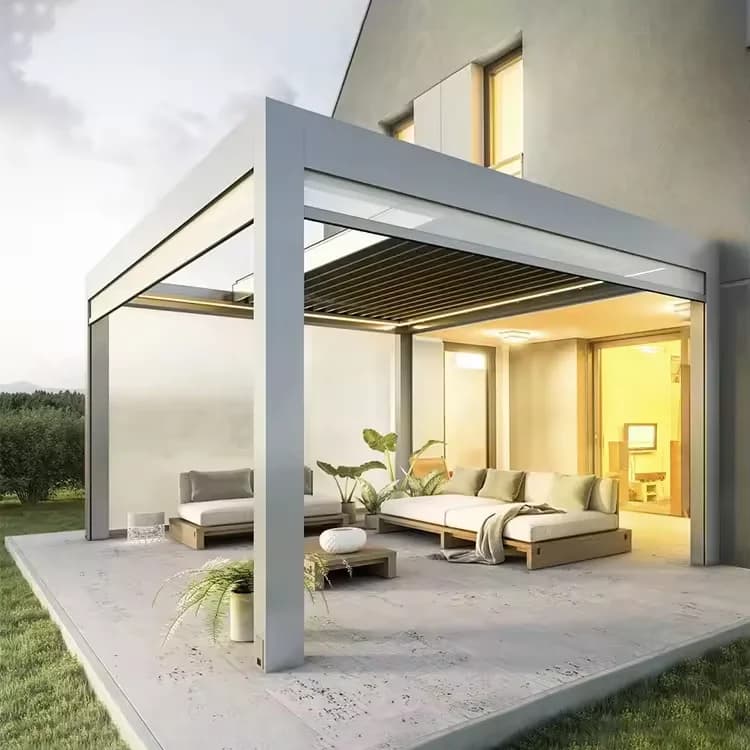 Pergola motorisée en aluminium tonnelle bioclimatique lumières LED toit à persiennes portes coulissantes en verre Patio