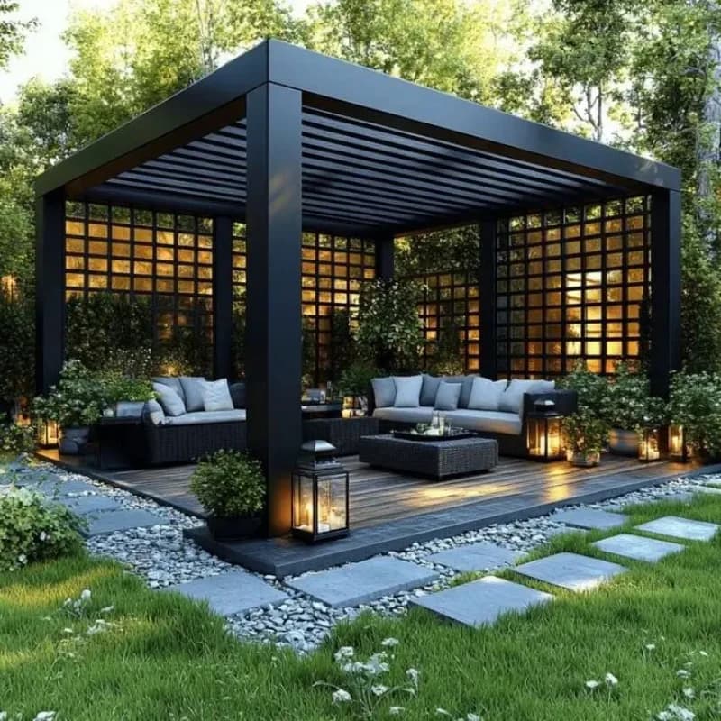 Pergola de cuisine extérieure en aluminium et bois | Gazebo BBQ avec écrans à lamelles pour jardin et terrasse