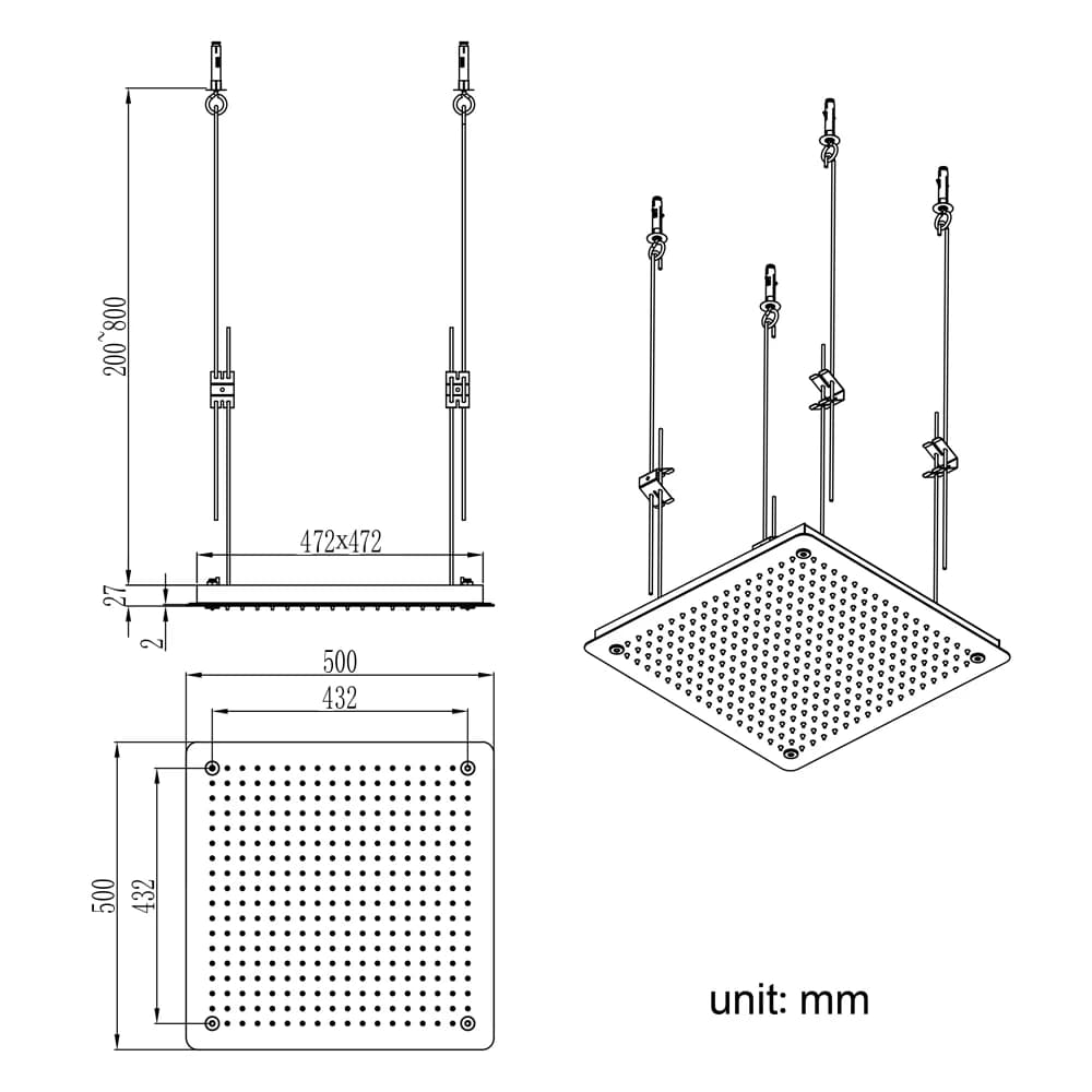 Relextime Pommeau de douche de plafond de luxe moderne carré dissimulé 500 mm en acier inoxydable SUS304 pour salle de bain