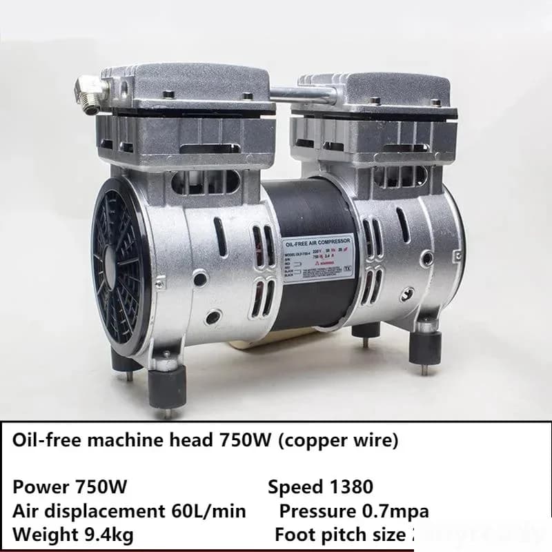 Tête de pompe à moteur sans huile silencieuse, accessoires de compresseur d'air, pompage avec dissipateur de chaleur, 220V, 750W, 60L/min, 0,7 MPa