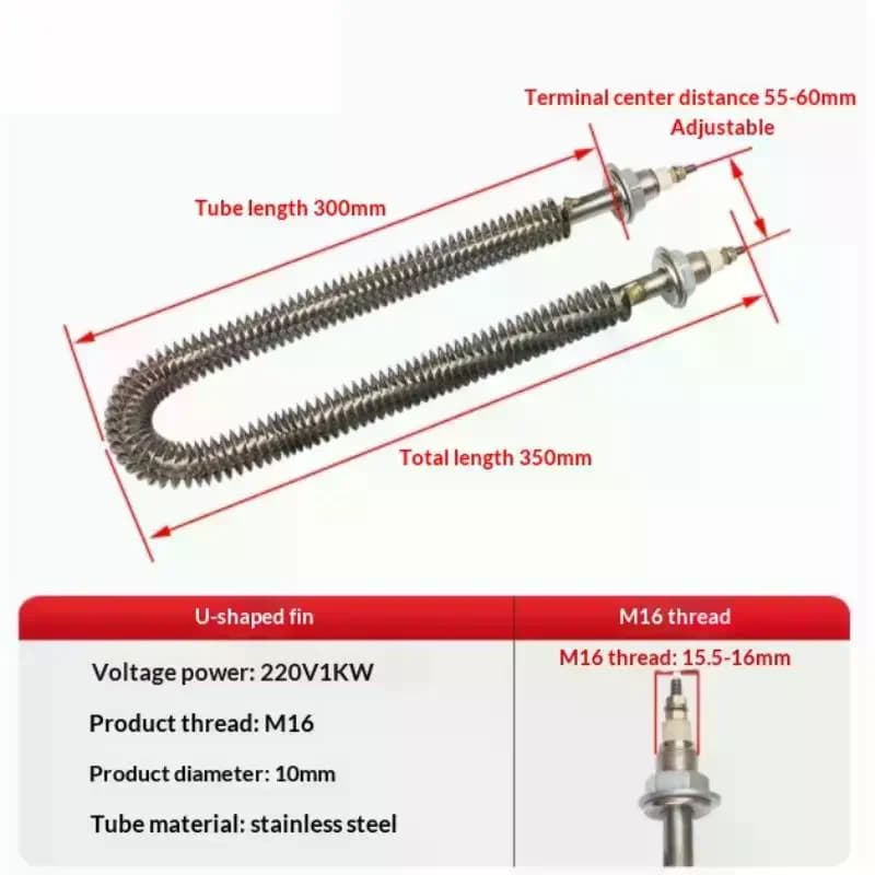 Tube chauffant à ailettes en U, tube chauffant électrique à ailettes en acier inoxydable, 220V 1KW, tube chauffant en forme de U 201