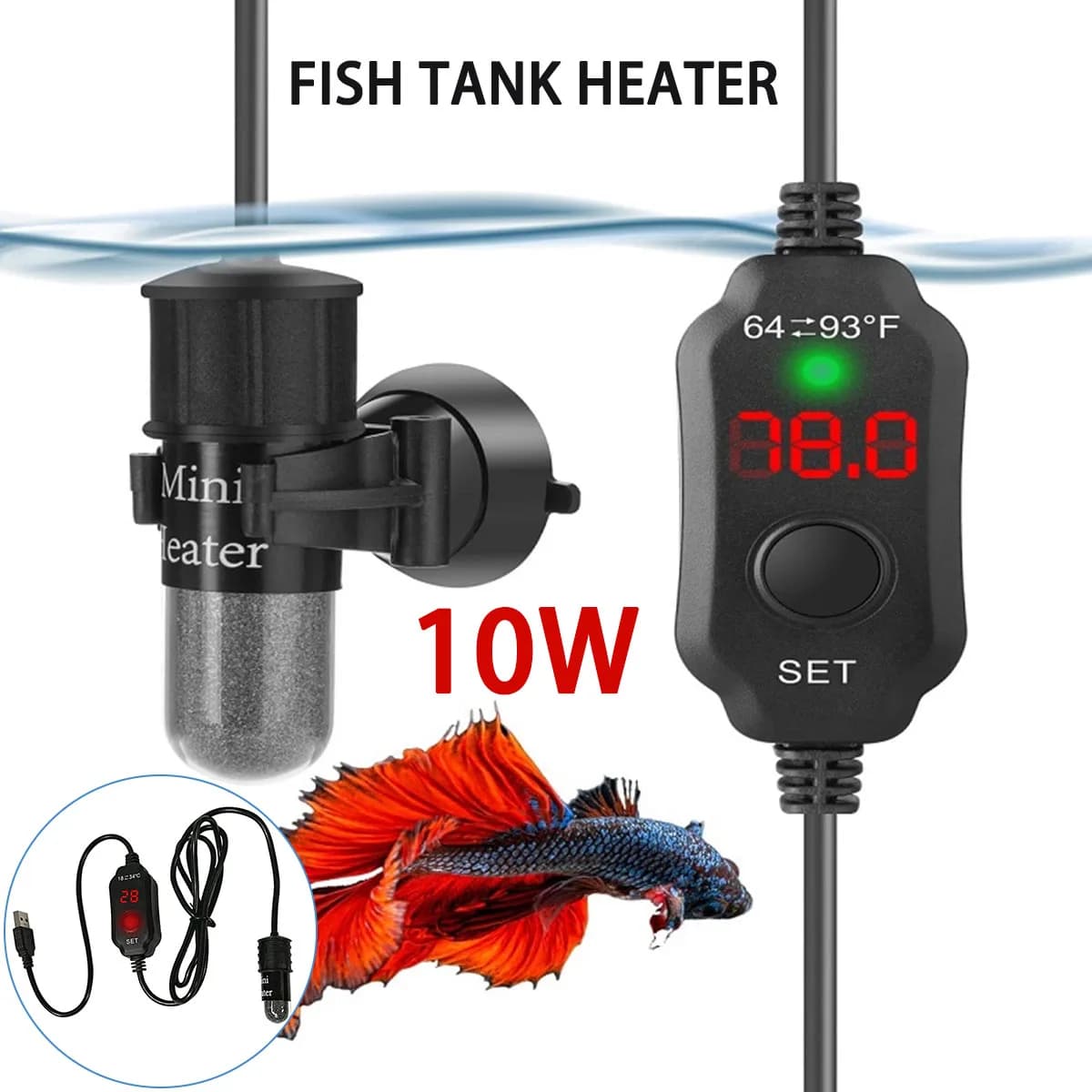 Mini chauffage d'aquarium 10W pour petit aquarium, chauffage à température constante avec affichage numérique, tige chauffante USB réglable 5V/2A