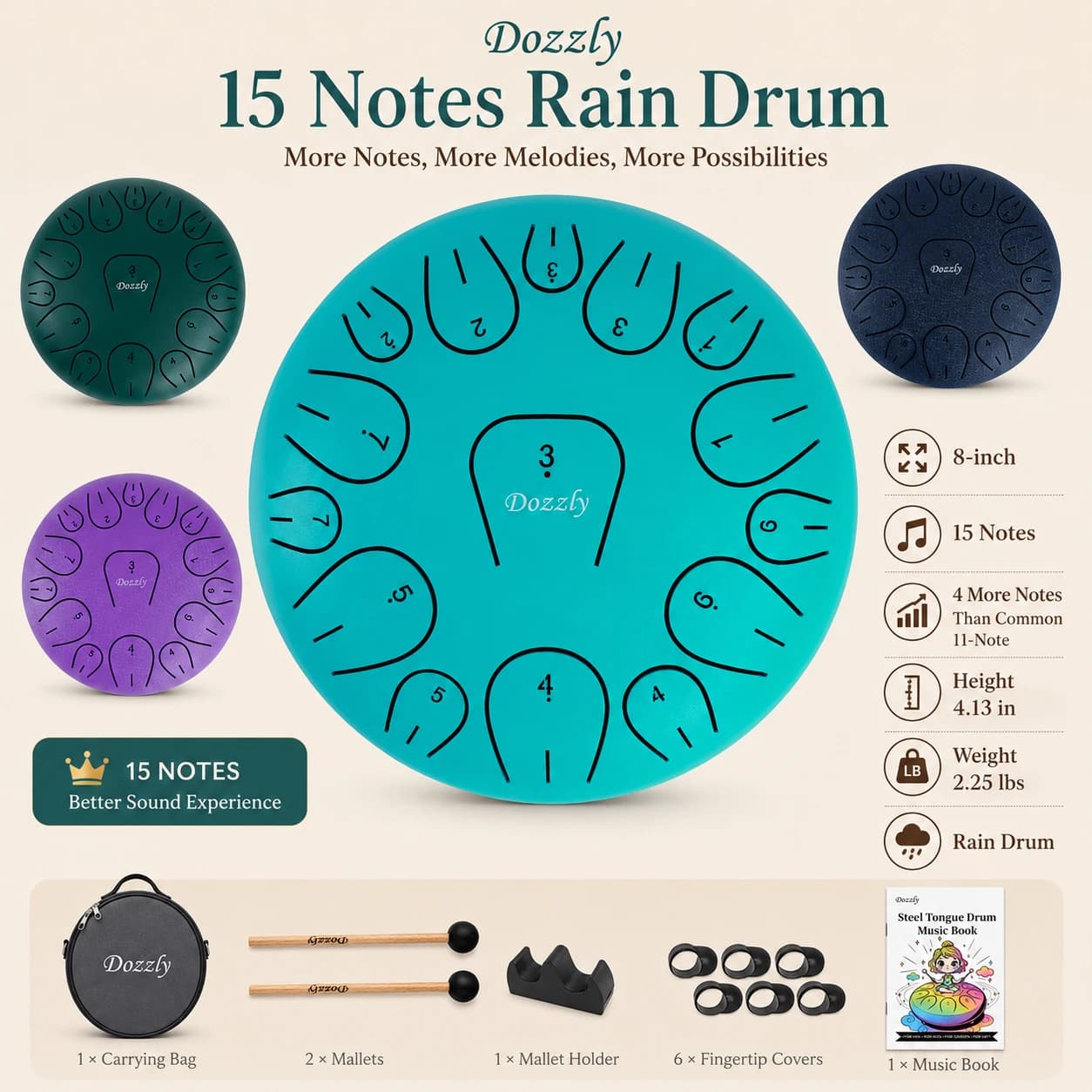 Tambour de pluie pour jardin extérieur, tambour à langue en acier de 8 pouces, 15 notes, instrument de percussion pour yoga et camping