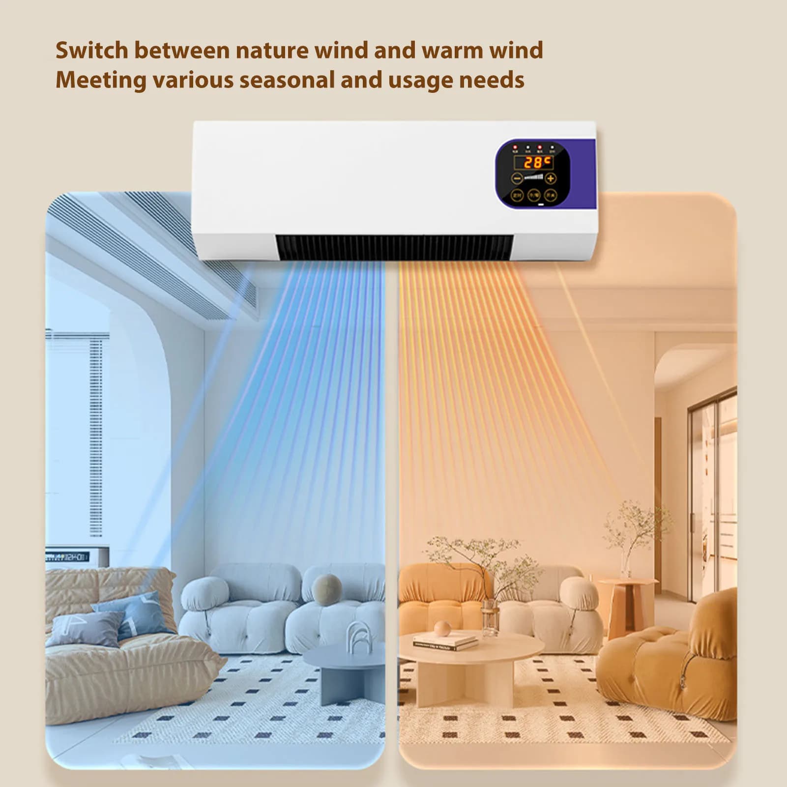 Machine de chauffage murale électrique avec télécommande, sécurité, économie d'espace, nature, vent chaud, chambre à coucher