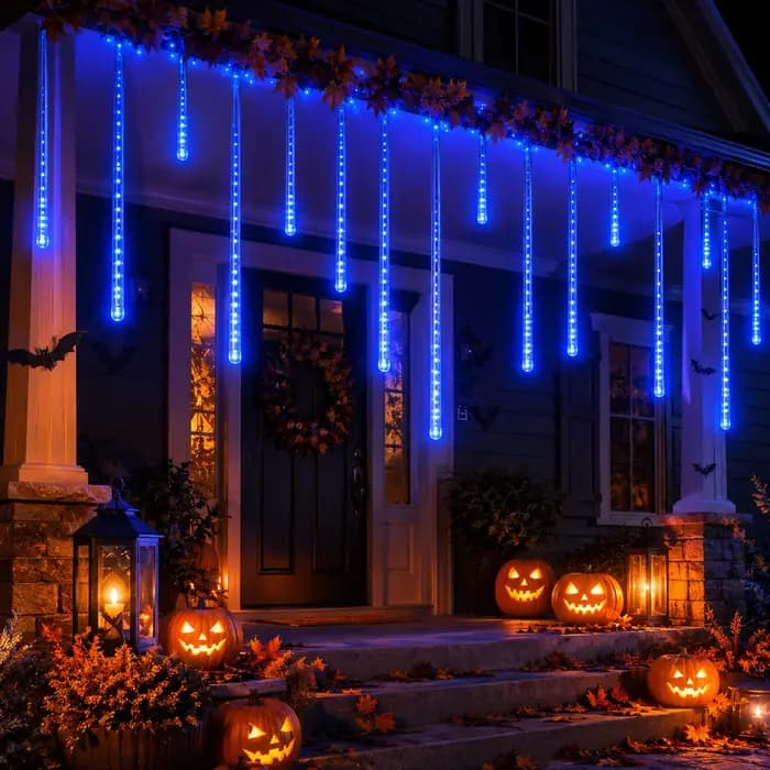 Lumières de pluie de météores, guirlandes lumineuses LED en forme de pluie, USB, vert, violet, blanc chaud, bleu, pour fenêtre, arbre, fête, décoration d'Halloween