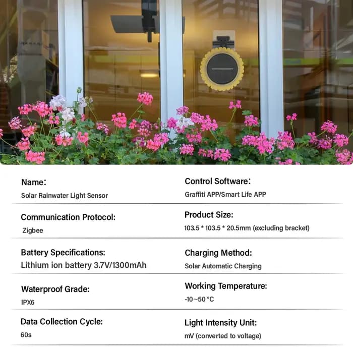 Tuya Zigbee-Capteur de lumière solaire et d'eau de pluie